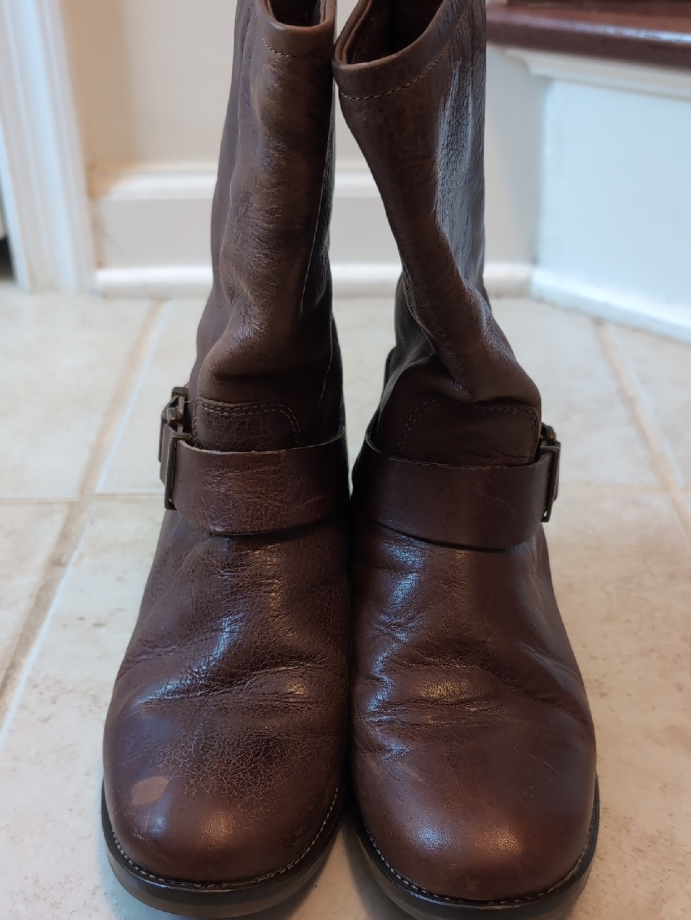 Women's Brown Leather Mid-Calf Buckle Boots